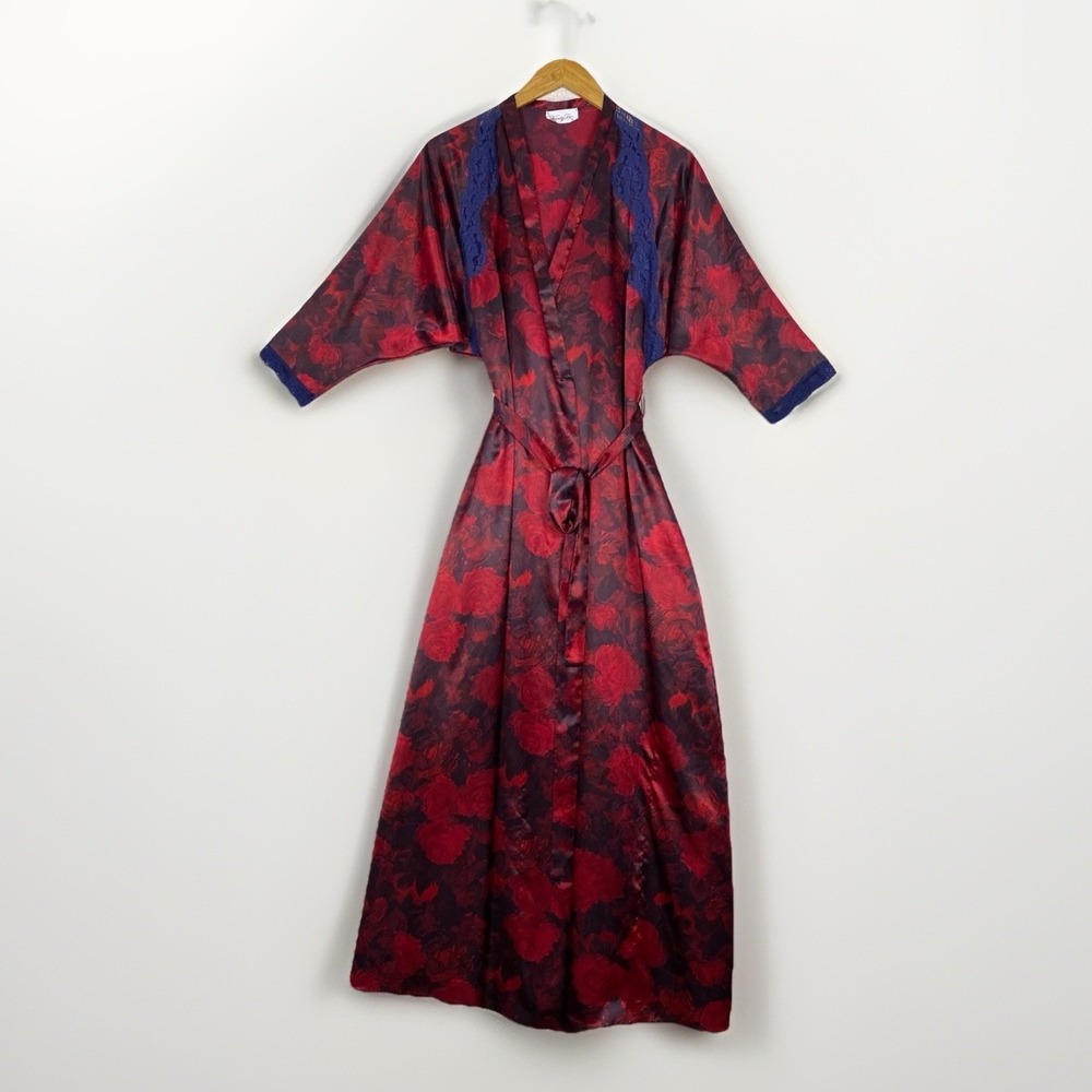 Vtg 80s Vanity Fair Satin Robe Womens M Burgundy Red Floral Dark Romance Moody